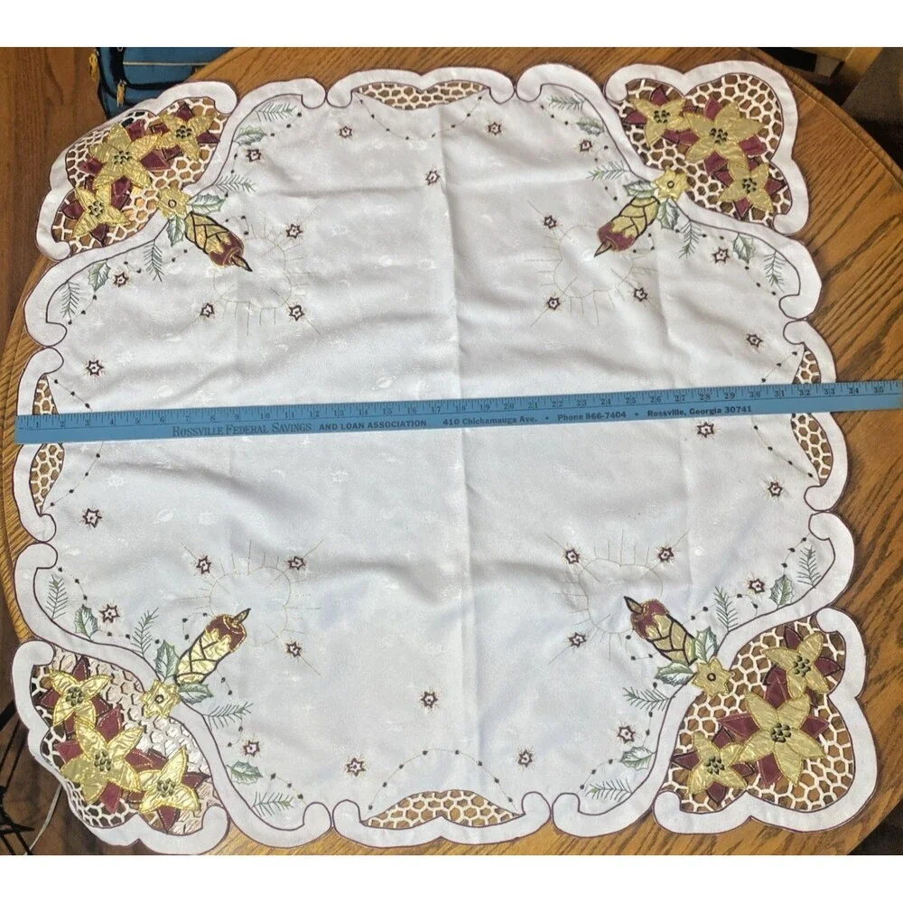 Christmas Tablecloth/Topper Embroidered Christmas Decor Linen-Candle/Poinsetta
